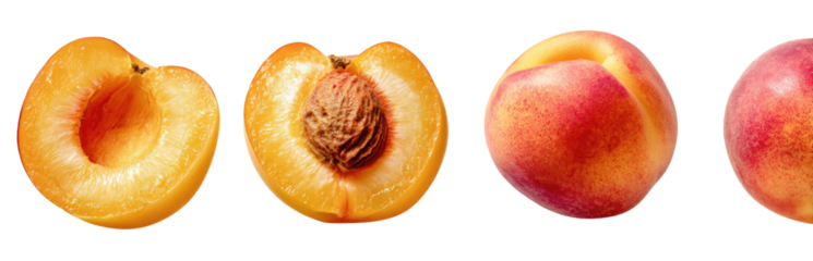 Close-up view of three sliced and whole apricots/peaches
