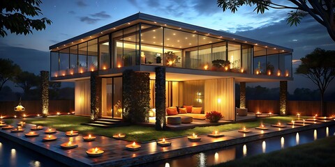 Fototapeta premium Modern luxury villa at night illuminated by warm lights and floating candles on water.