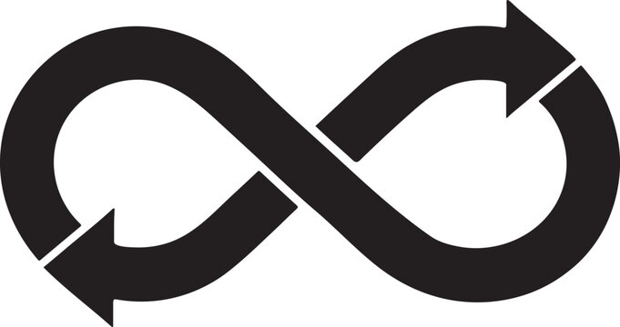 Infinity loop with arrows silhouette, symbol of continuous cycle, flow, and endless motion.