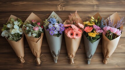 Flat lay of multiple flower delivery bouquets in craft paper