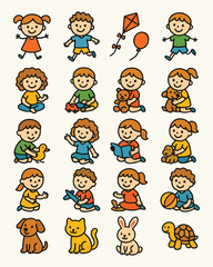 Kid art bundle includes child character, playing and animals