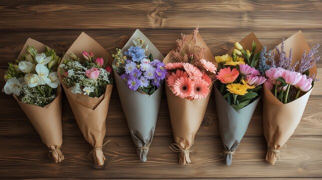 Flat lay of multiple flower delivery bouquets in craft paper