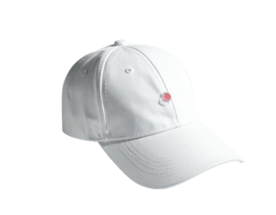 A classic white baseball cap, slightly angled, with a subtle pink accent
