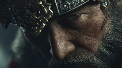 Extreme close up of a warrior's face with a helmet showing determination and strength in the shadows