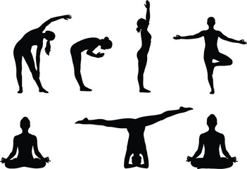 Silhouette yoga poses, meditation posture, headstand split, tree pose, stretching exercise, balance