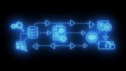 Digital workflow process with data management and automation icons representing efficiency and business operations - Powered by Adobe