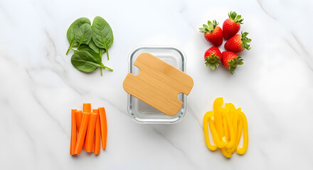 Vibrant fresh vegetables and fruits arranged around a stylish glass container for healthy meal prep
