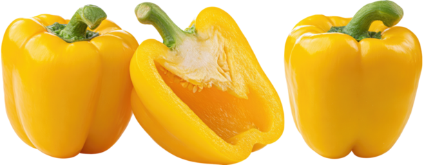 Three vibrant yellow bell peppers, one whole and two halved, displaying their interiors