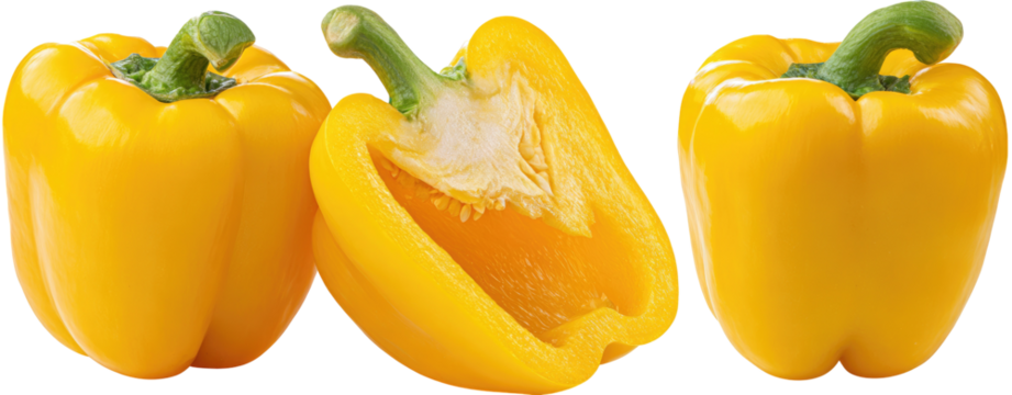 Three vibrant yellow bell peppers, one whole and two halved, displaying their interiors