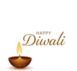 Elegant Happy Diwali greeting with glowing diya lamp and warm golden light on white background.