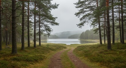 Forest landscape with lake and path offers serene natural environment and copy space for design and commercial use