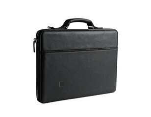 Black rectangular briefcase with top handle and pocket, set against a dark backdrop