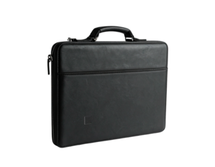Black rectangular briefcase with top handle and pocket, set against a dark backdrop