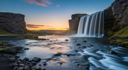 Waterfall cascading down basalt cliffs at sunset