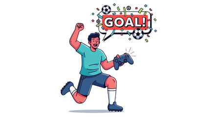 Joyful gamer celebrates virtual victory after scoring goal in soccer video game with controller and confetti, achieving ultimate digital achievement