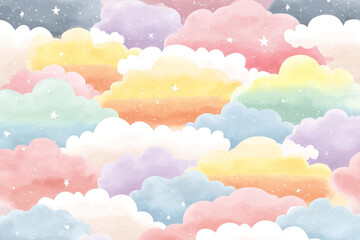 Soft pastel clouds in various colors create dreamy and whimsical atmosphere