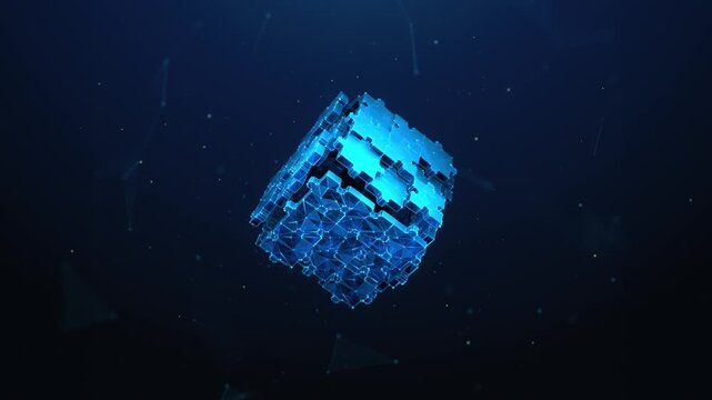 Lowpoly Jigsaw Puzzle Pieces Assembling to a Cube Spinning on the Corner. Problem solving, synergy partnership, business solution animated looped concept by wireframe mesh on blue background