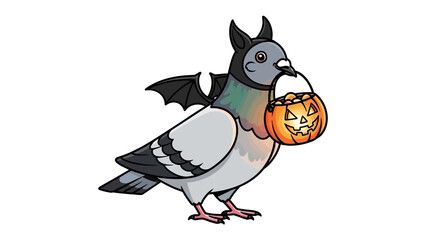 Spooky Halloween Pigeon: This comical illustration captures the festive spirit of Halloween. A whimsical pigeon, costumed in a bat-themed hood, clutches a jack-o'-lantern bucket.