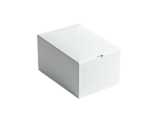 A plain white rectangular box, slightly tilted, against a stark black background