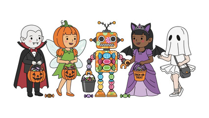 Happy Halloween: A delightful group of children, each donning unique and whimsical costumes, stands ready to embark on a Halloween adventure.