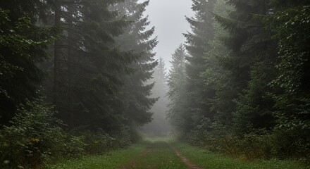 Forest path amidst tall trees shrouded in mist creates an evocative natural landscape for contemplation and exploration