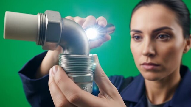 Focused technician examining metal pipe fitting with flashlight in a studio setting