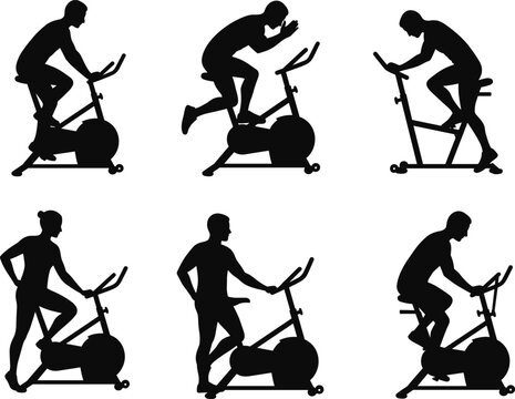 Silhouette people on exercise bikes, cycling workout, gym training, cardio fitness, stationary bike