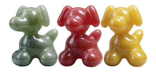 Colorful Gelatin Dog Toys in Green, Red, and Yellow on Transparent Background