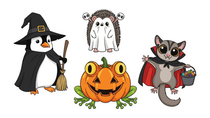 Halloween Cartoon Animals: An adorable set of Halloween-themed cartoon animals, including a witch penguin, a ghost hedgehog, a jack-o'-lantern frog, and a vampire sugar glider.