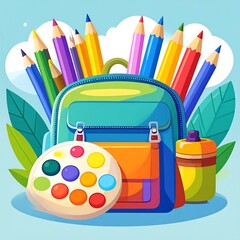 Colorful backpack filled with art supplies
