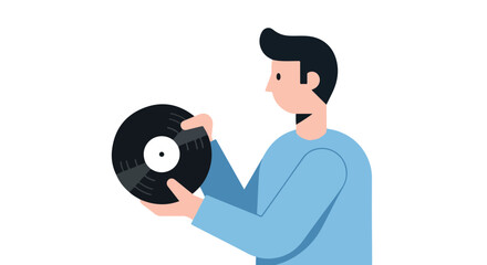 Minimalist illustration of a man holding a vinyl record album in his hands presenting a unique musical experience isolated against a white background