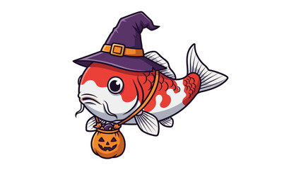 Halloween Koi: A whimsical koi fish, adorned with a festive witch hat, playfully carries a pumpkin-shaped trick-or-treat bucket, perfect for seasonal greetings.