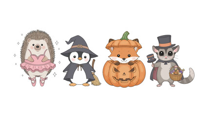 Whimsical Halloween Creatures Gathering: Four adorable creatures dressed in delightful costumes gather, embodying the fun spirit of Halloween through charming illustration.