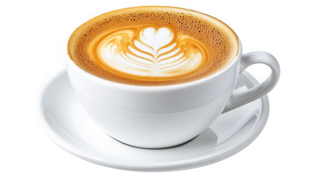 Cup of cappuccino isolated on transparent background with heart latte art