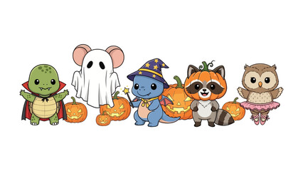 Halloween Parade of Cute Critters: A delightful gathering of charming animal characters, each adorned in whimsical costumes and paired with a jack-o'-lantern. Perfect for seasonal celebrations.