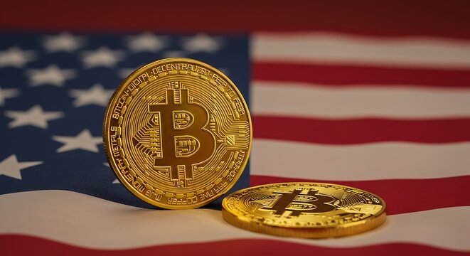 Macro close-up of a physical Bitcoin on the blurred US flag, symbolizing digital currency's role in America