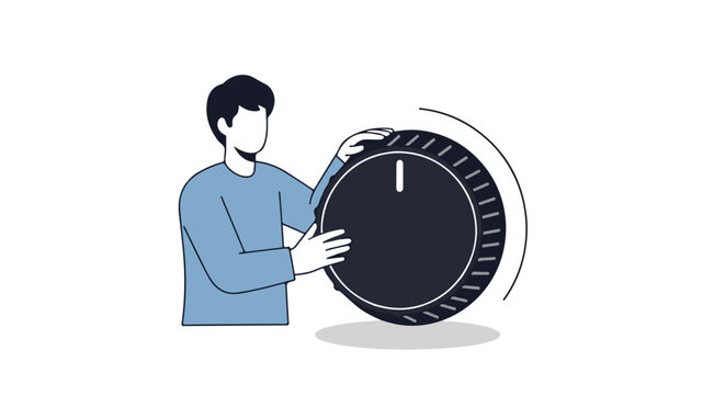 Illustration of a man adjusting a large dial, representing control and customization, simplified graphic presentation for adjustment and setting