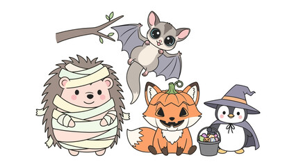 Halloween Animal Friends: A cute illustration showcases a charming ensemble of creatures – hedgehog, bat, fox, and penguin, all decked out in adorable costumes, ready for Halloween festivities.