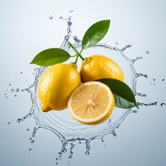 Refreshing lemons splashing in water for summer drinks and healthy eating