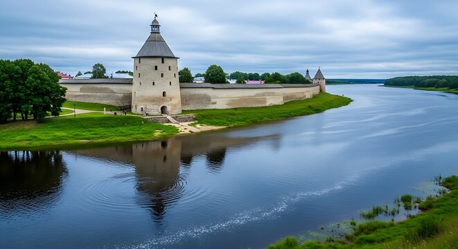 Pskov Krom - A Historic Fortress Reflected in the Velikaya River.