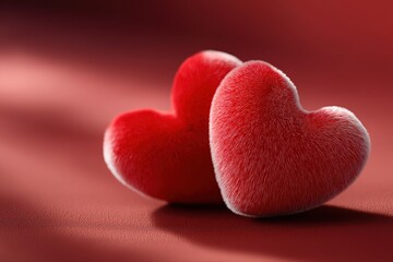 Obraz premium Fuzzy red hearts on smooth red surface with soft lighting