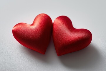 Fototapeta premium Two red heart-shaped cushions on white surface