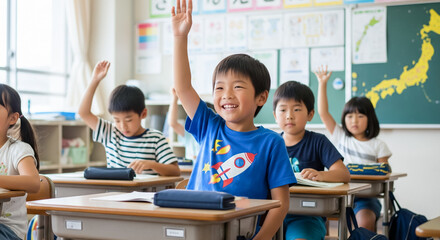 小学校の授業 手を挙げる子ども
