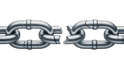 Broken metal chain links symbolize failure, vulnerability, or connection loss