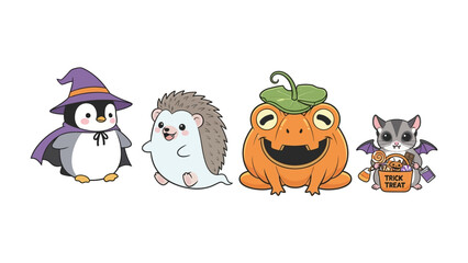 Whimsical Halloween Ensemble: A delightful group of cute, animated creatures in charming costumes celebrates the spirit of Halloween, ready to share the joy of trick-or-treating