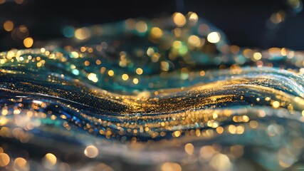 Liquid glitter waves roll across a dark stage with teal and gold highlights, smooth depth-of-field and elegant motion; modern luxury background crafted for beauty branding