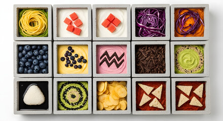 Vibrant assortment of diverse healthy snacks and colorful ingredients beautifully arranged in modern concrete bowls