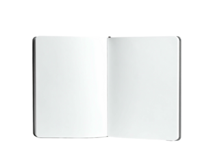 An open blank notebook, showing pristine white pages against a black background