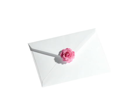 White envelope sealed with a pink rose, isolated on a black background