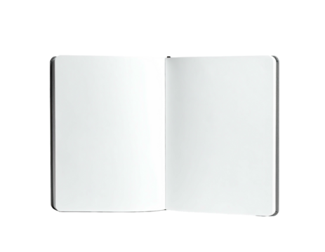An open blank notebook, showing pristine white pages against a black background